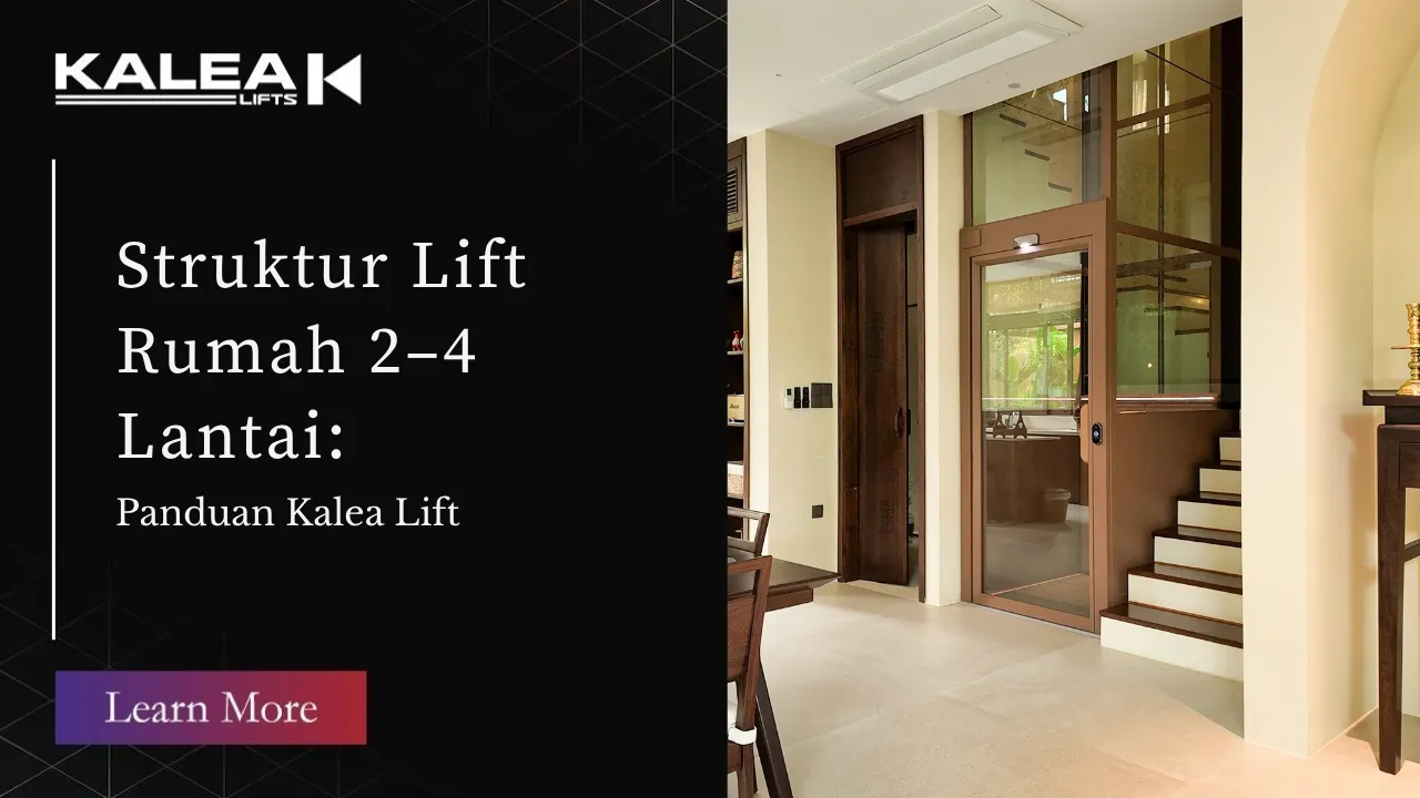 Struktur lift rumah Kalea 2 sampai 4 lantai dengan shaft kaca di interior rumah modern