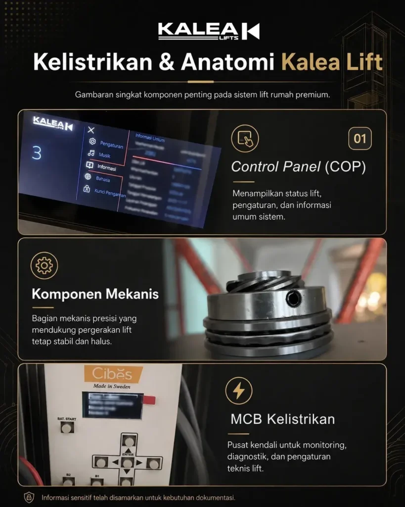 Infografis kelistrikan dan komponen utama pada sistem lift rumah Kalea
