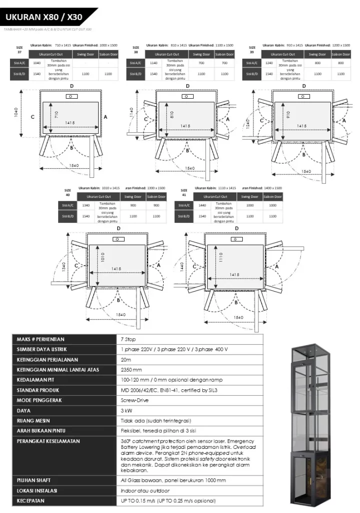 Gambar teknis ukuran Kalea X80 dan X30 untuk perencanaan lift rumah
