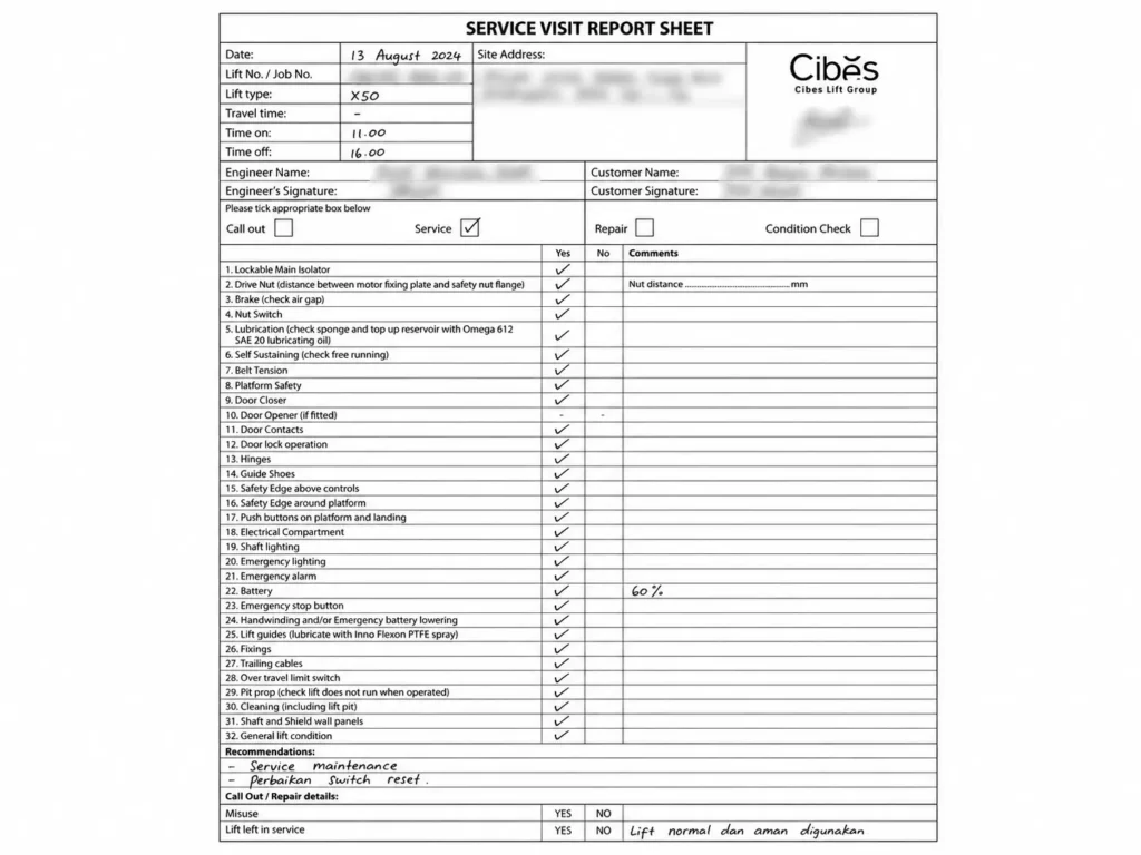 Formulir service visit report untuk pemeriksaan dan perawatan berkala lift rumah