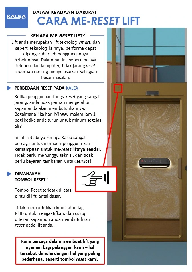Infografis Kalea tentang lokasi tombol reset dan cara melakukan reset lift dalam keadaan darurat