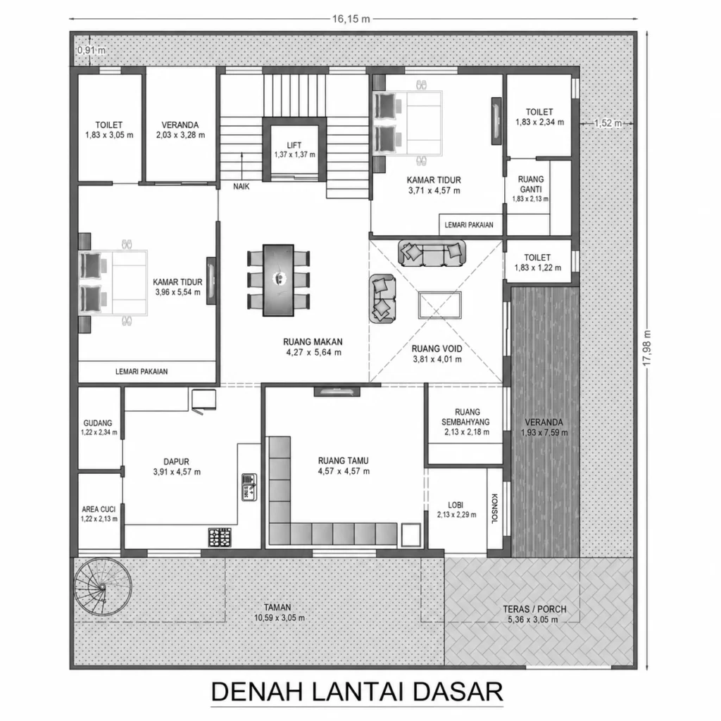 Denah rumah dua lantai dengan kamar orang tua di lantai atas dan void di samping tangga